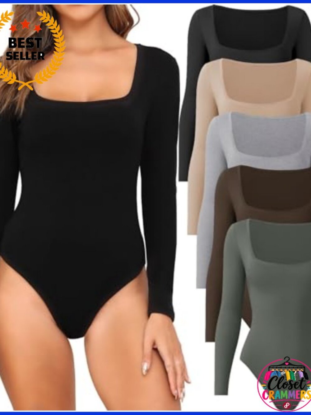5 Pack Womens Long Sleeve Bodysuits Square Neck Tops Rayon Spandex Stretch